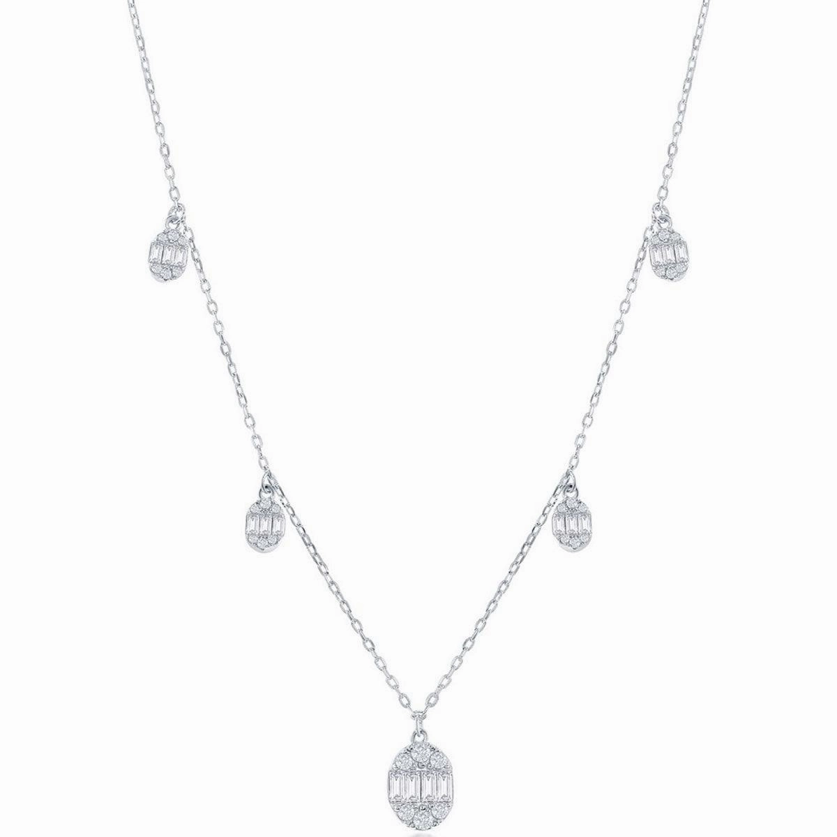 Classic Women's Necklace - Sterling Silver Baguette CZ Oval Charms | M-6925