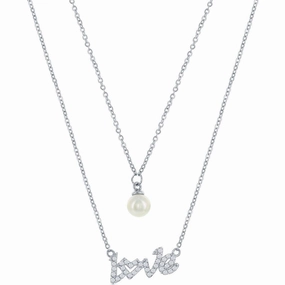 Classic Women's Necklace - Sterling Silver CZ LOVE and Round FWP Layered | M-6875