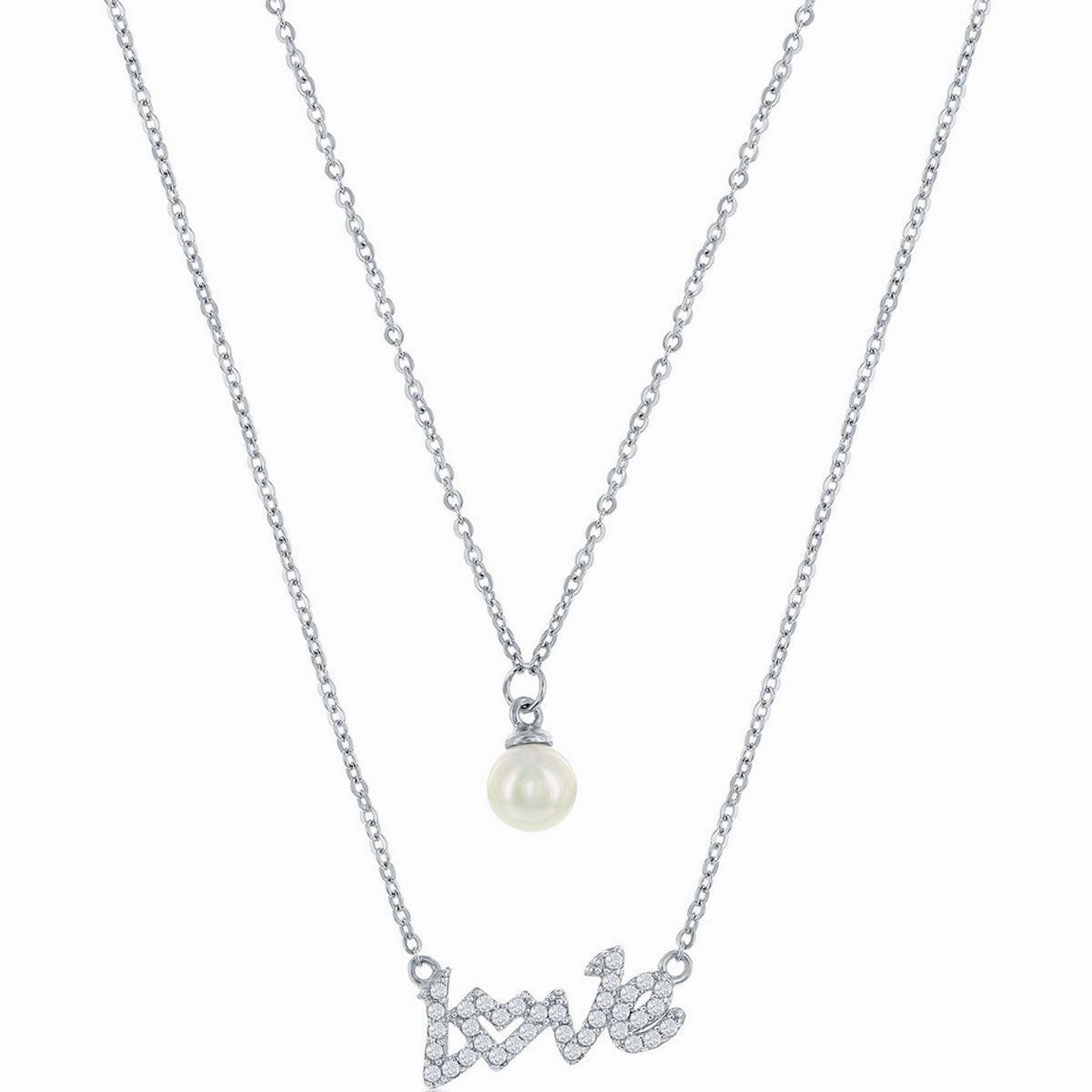 Classic Women's Necklace - Sterling Silver CZ LOVE and Round FWP Layered | M-6875