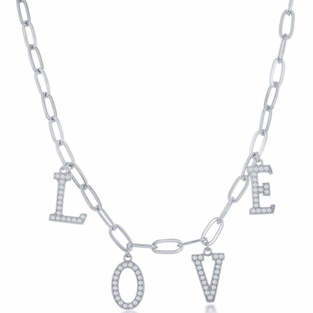 Classic Women's Necklace - Sterling Silver CZ LOVE with Paperclip Chain | M-6726
