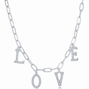 Classic Women's Necklace - Sterling Silver CZ LOVE with Paperclip Chain | M-6726