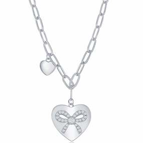 Classic Women's Necklace - Sterling Silver Heart with CZ Ribbon Paperclip | M-6664