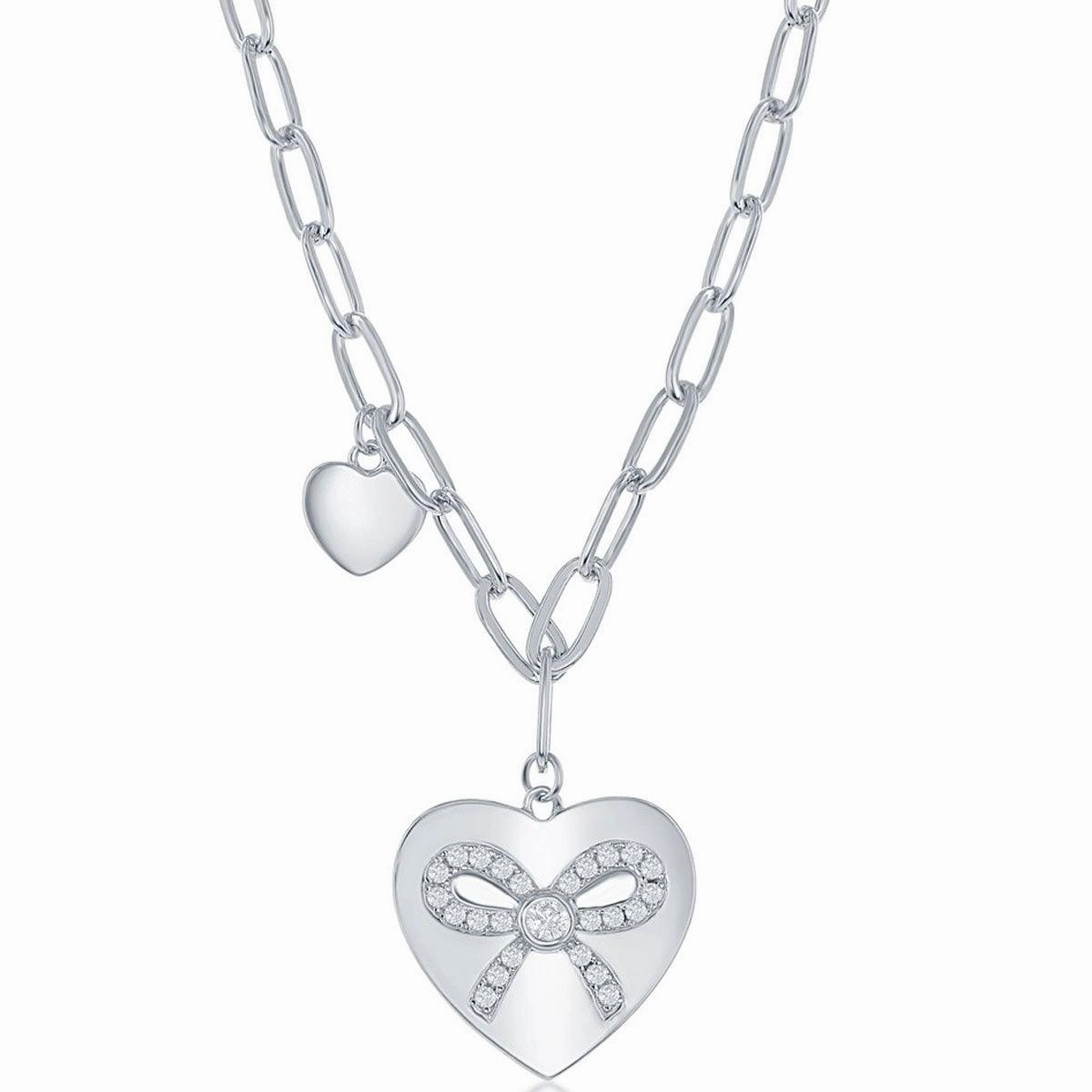 Classic Women's Necklace - Sterling Silver Heart with CZ Ribbon Paperclip | M-6664