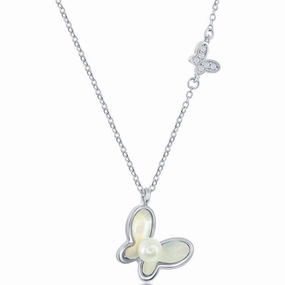 Classic Women's Necklace - Sterling Silver MOP and FWP with CZ Butterfly | M-6876