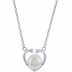Classic Women's Necklace - Sterling Silver Round FWP with CZ Heart | M-6870