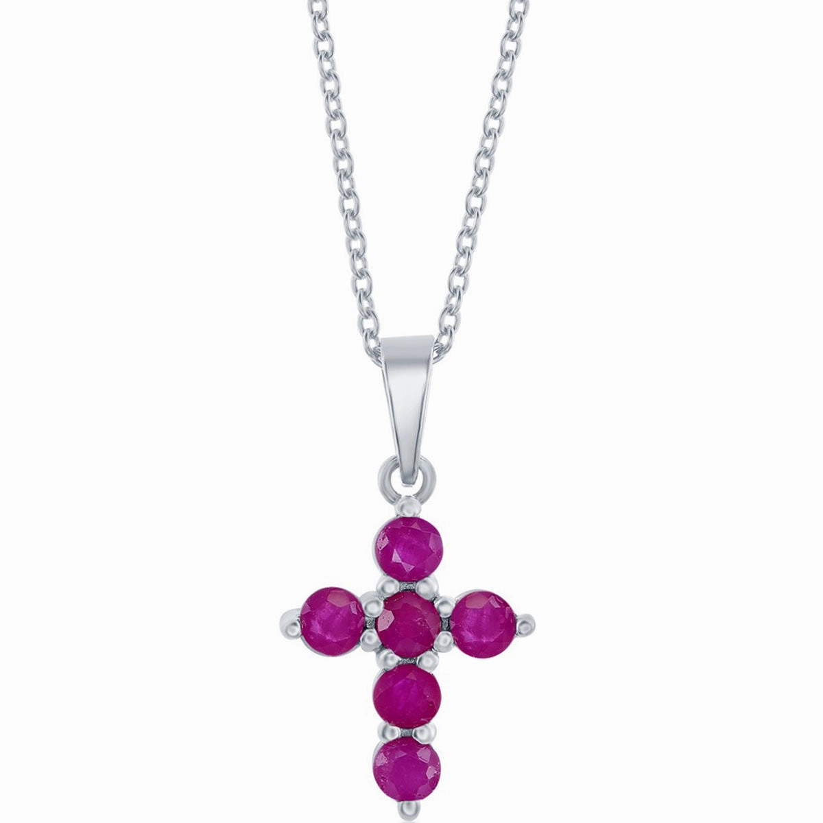 Classic Women's Necklace - Sterling Silver Ruby Cross | M-6826