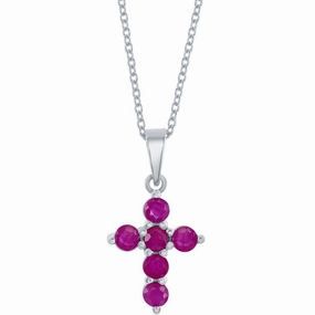Classic Women's Necklace - Sterling Silver Ruby Cross | M-6826