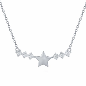 Classic Women's Necklace - Sterling Silver Star with CZ Sides Bar | M-6887