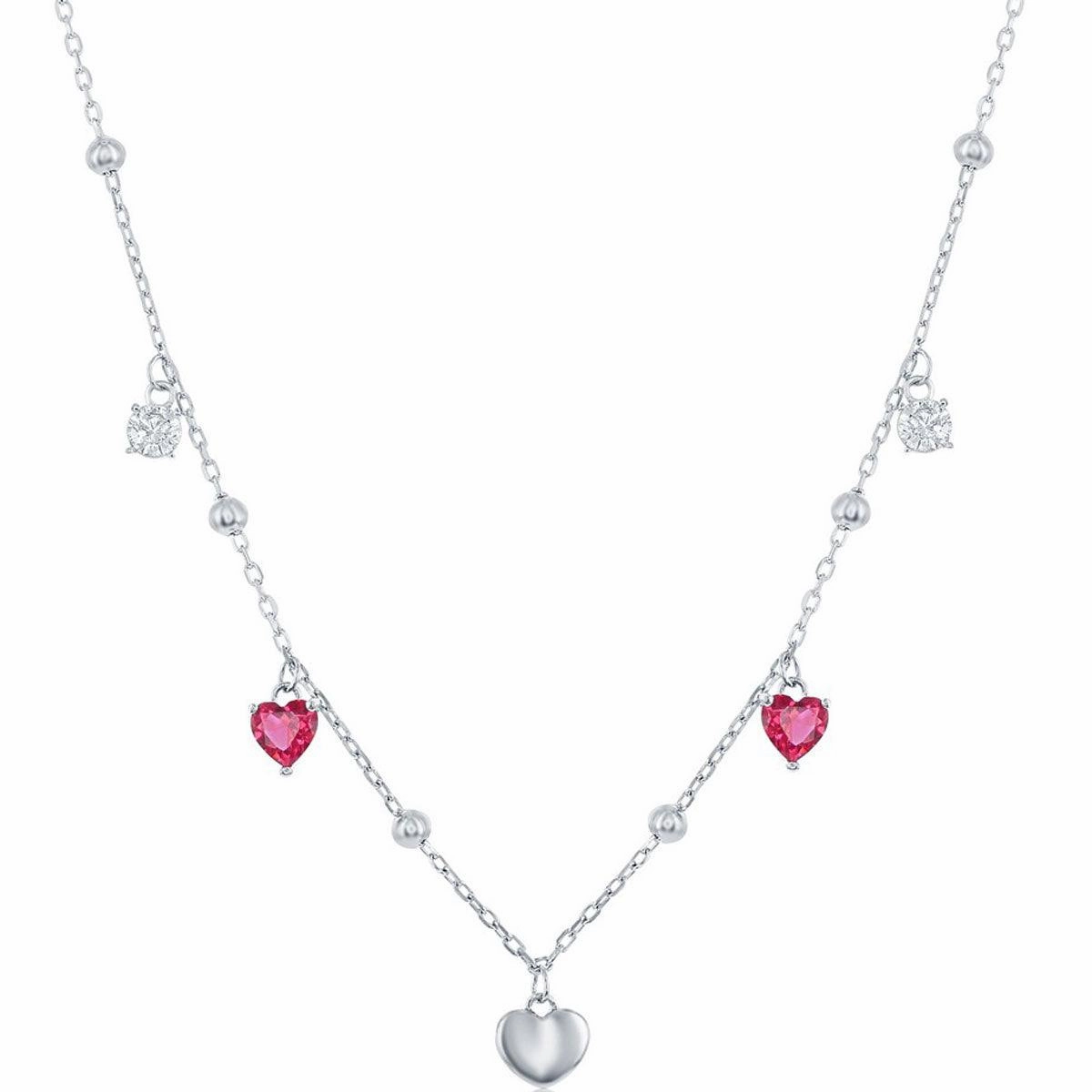 Classic Women's Necklace - Sterling Silver White and Ruby CZ Heart Beaded | M-6813