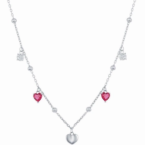 Classic Women's Necklace - Sterling Silver White and Ruby CZ Heart Beaded | M-6813