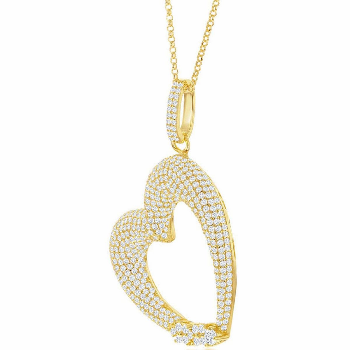Classic Women's Pendant - Sterling Silver Gold Large Micro Pave CZ Heart | K-7999