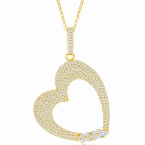 Classic Women's Pendant - Sterling Silver Gold Large Micro Pave CZ Heart | K-7999