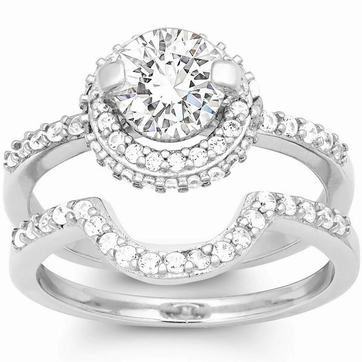 Classic Women's Silver Halo Style CZ Ring Set - W-9899