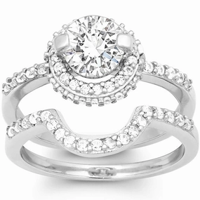 Classic Women's Silver Halo Style CZ Ring Set - W-9899