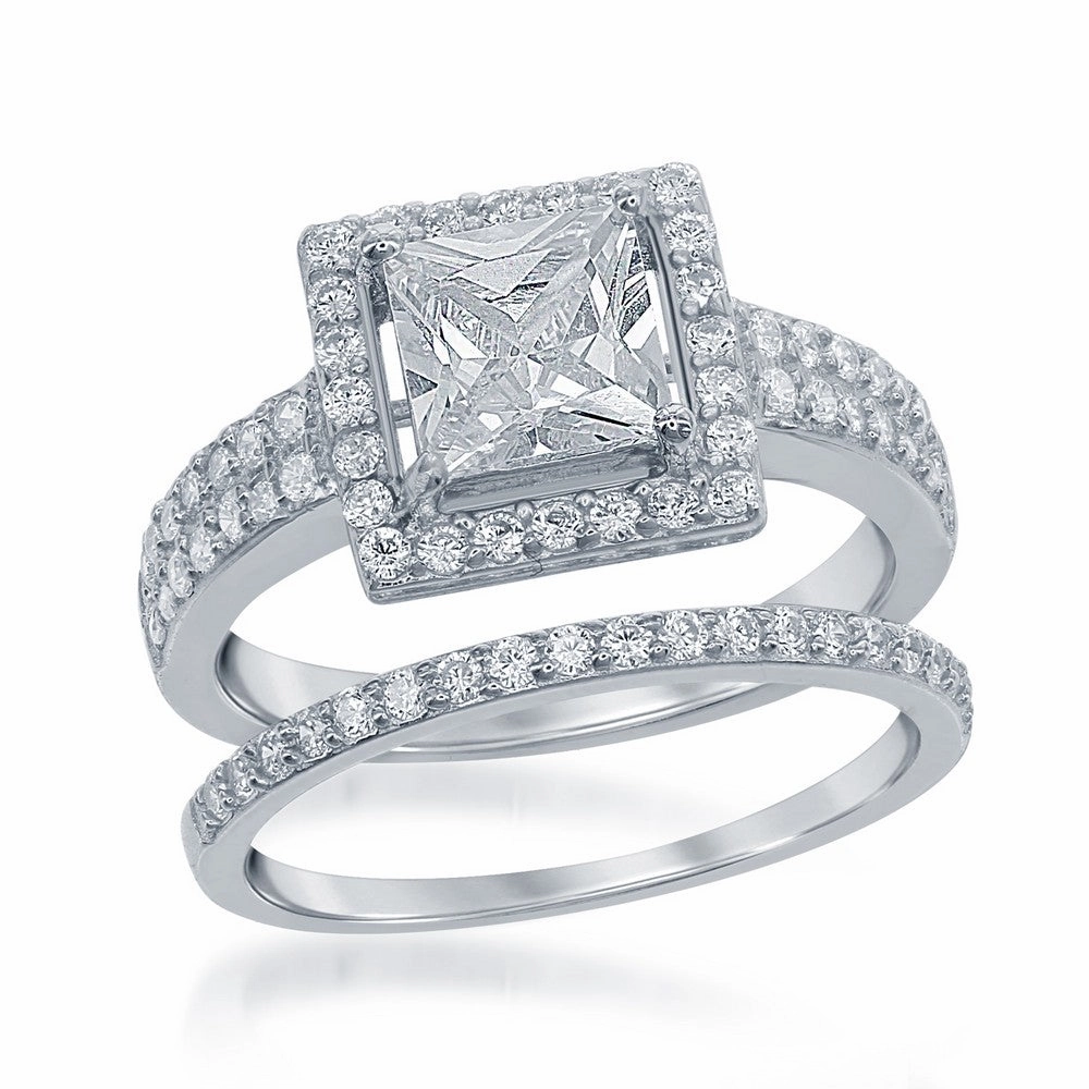 Classic Women's Square CZ Engagement Ring Set - W-1370