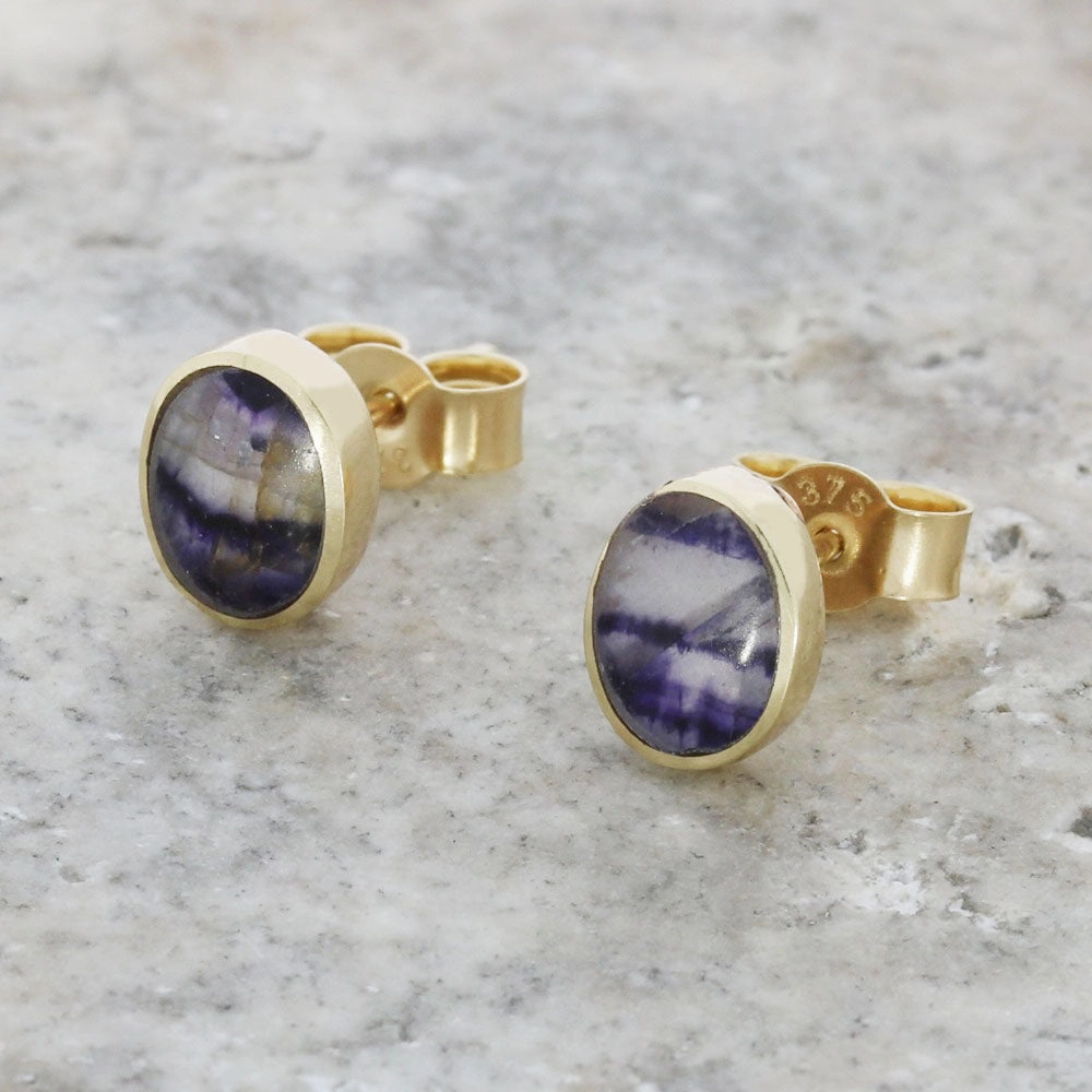 Derbyshire Blue John 9ct Yellow Gold Oval Stud Earrings