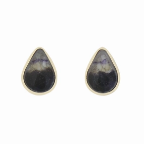 Derbyshire Blue John 9ct Yellow Gold Pear Shape Stud Earrings
