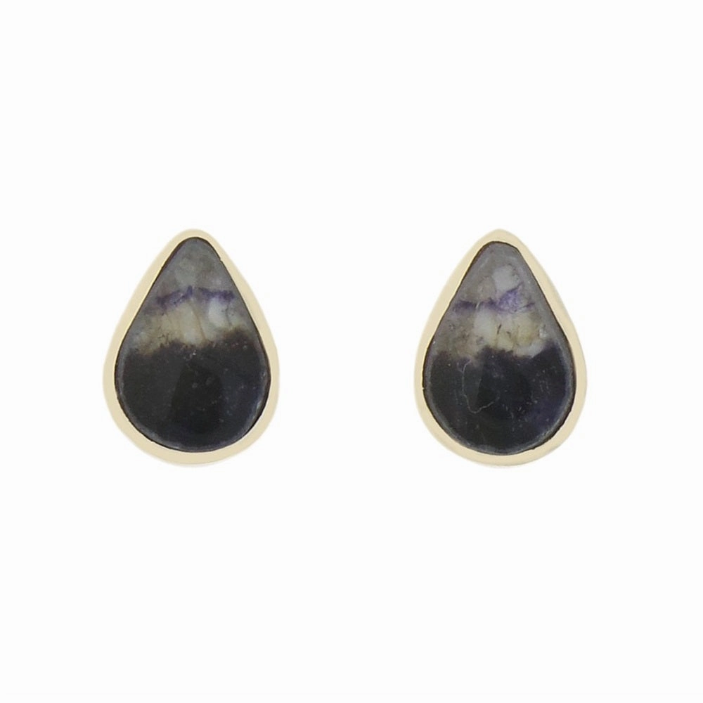 Derbyshire Blue John 9ct Yellow Gold Pear Shape Stud Earrings