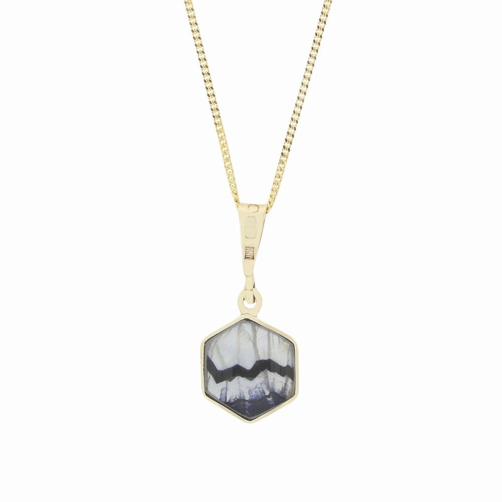 Derbyshire Blue John and Jet 9ct Yellow Gold Hexagonal Reversible Pendant Necklace