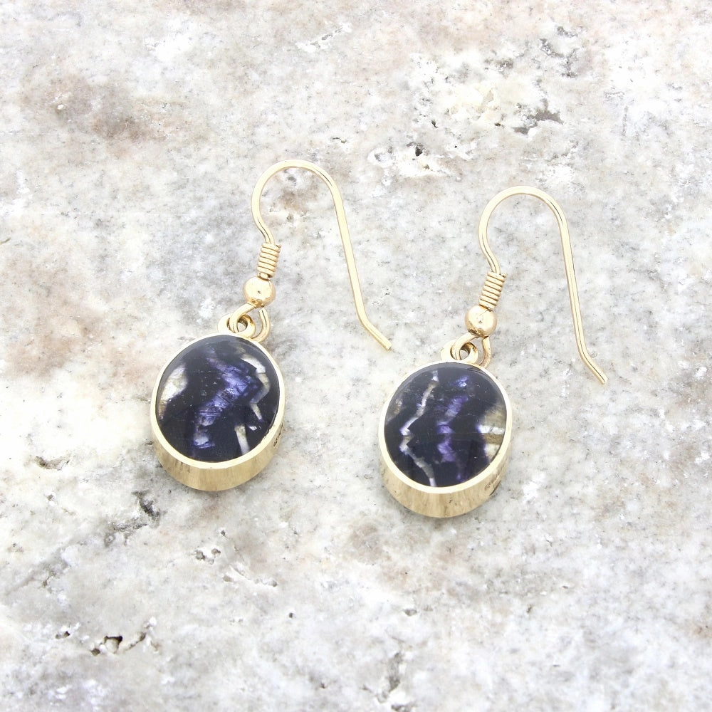 Derbyshire Blue John and Jet 9ct Yellow Gold Oval Reversible Drop Earrings