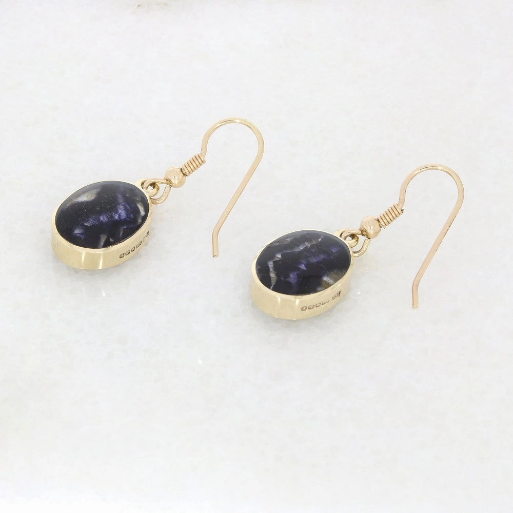 Derbyshire Blue John and Jet 9ct Yellow Gold Oval Reversible Drop Earrings
