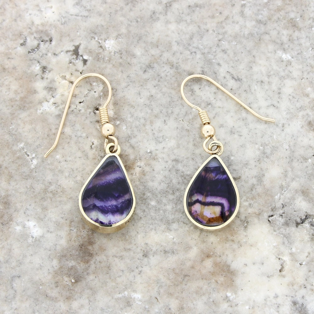 Derbyshire Blue John and Jet 9ct Yellow Gold Pear Reversible Drop Earrings