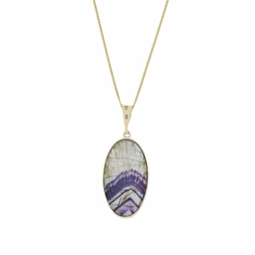 Derbyshire Blue John and Labradorite 9ct Yellow Gold Large Oval Pendant Necklace