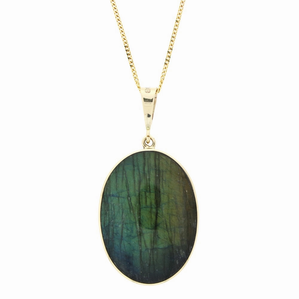 Derbyshire Blue John and Labradorite 9ct Yellow Gold Large Oval Pendant Necklace