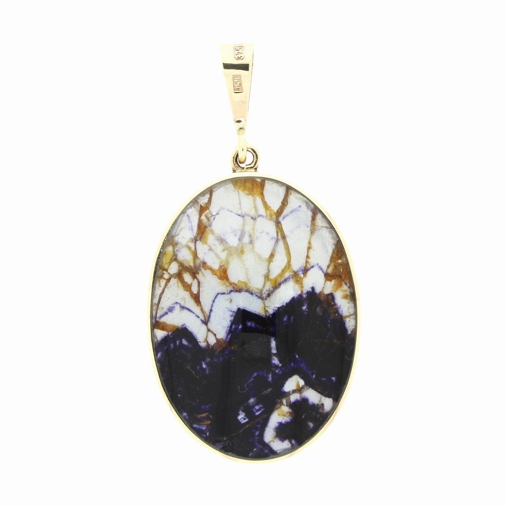Derbyshire Blue John and Labradorite 9ct Yellow Gold Large Oval Pendant Necklace