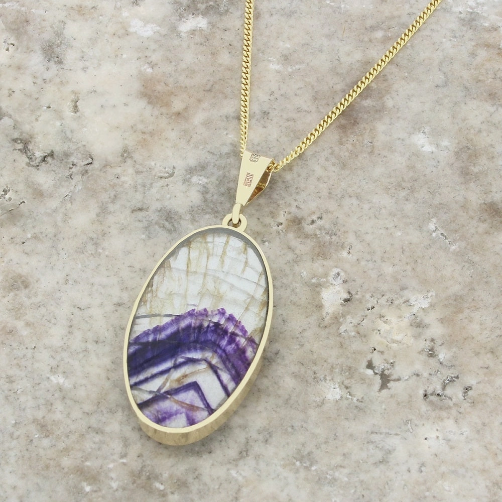 Derbyshire Blue John and Labradorite 9ct Yellow Gold Large Oval Pendant Necklace
