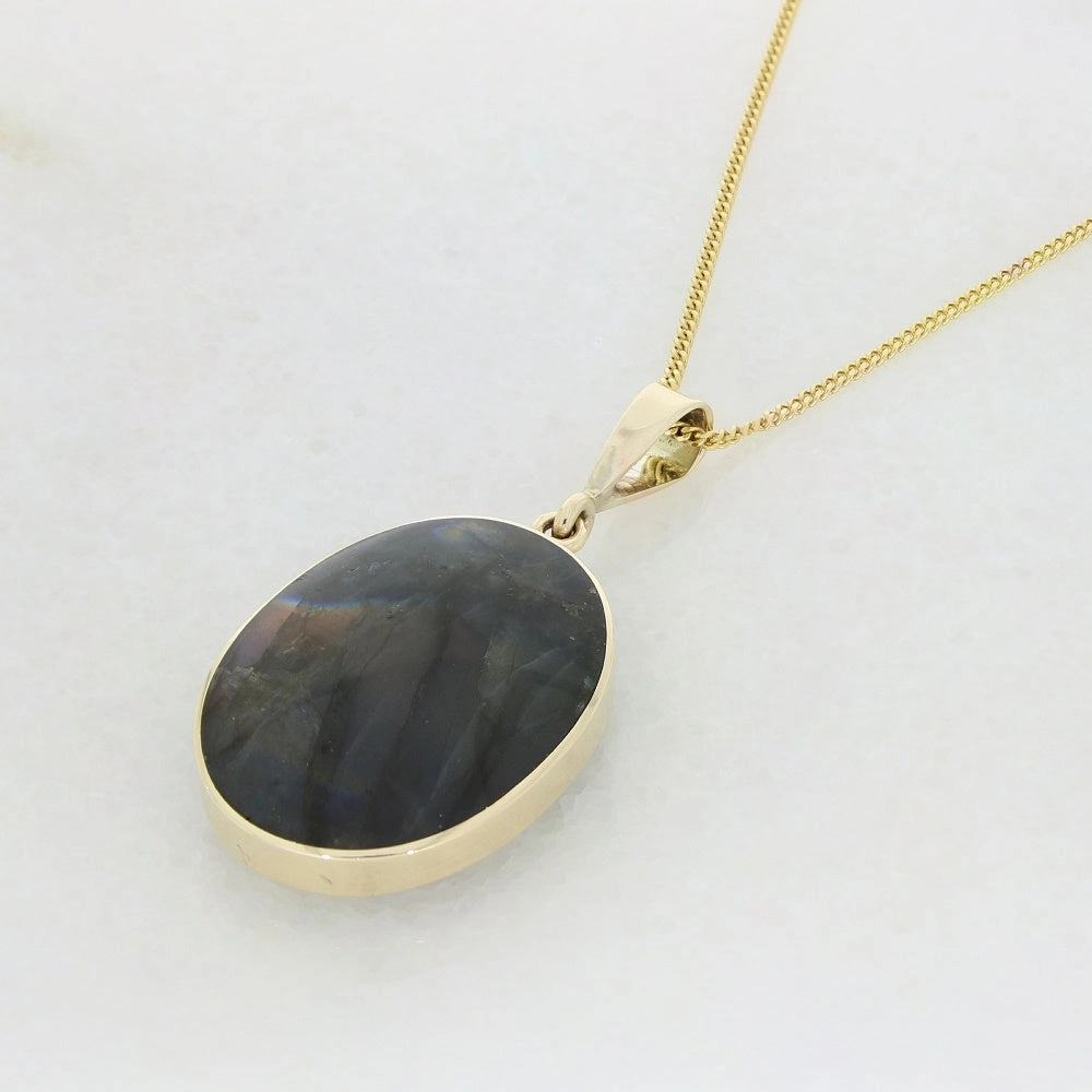 Derbyshire Blue John and Labradorite 9ct Yellow Gold Oval Reversible Pendant