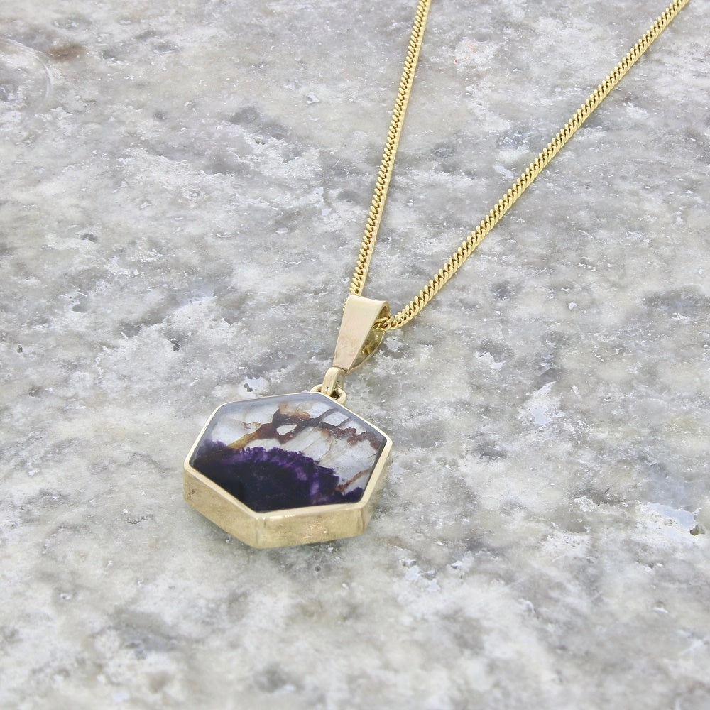 Derbyshire Blue John and Opalique 9ct Yellow Gold Hexaganol Reversible Pendant Necklace