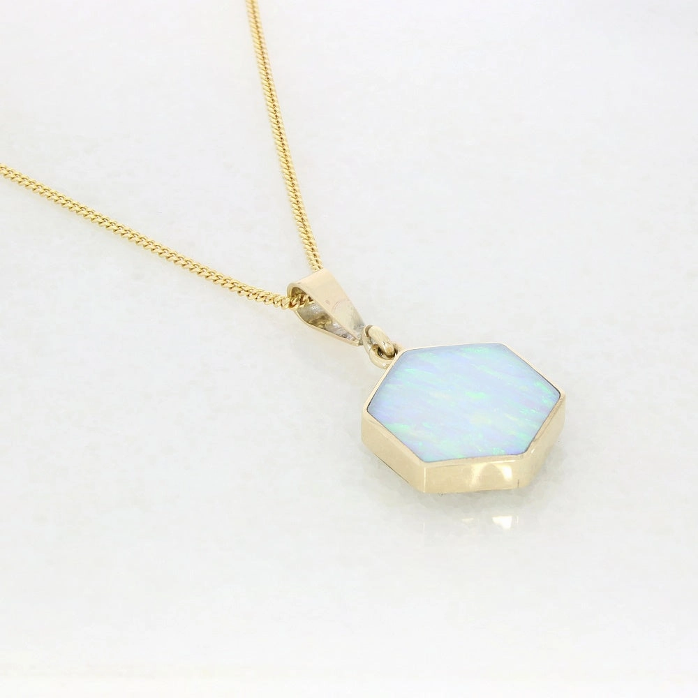 Derbyshire Blue John and Opalique 9ct Yellow Gold Hexaganol Reversible Pendant Necklace