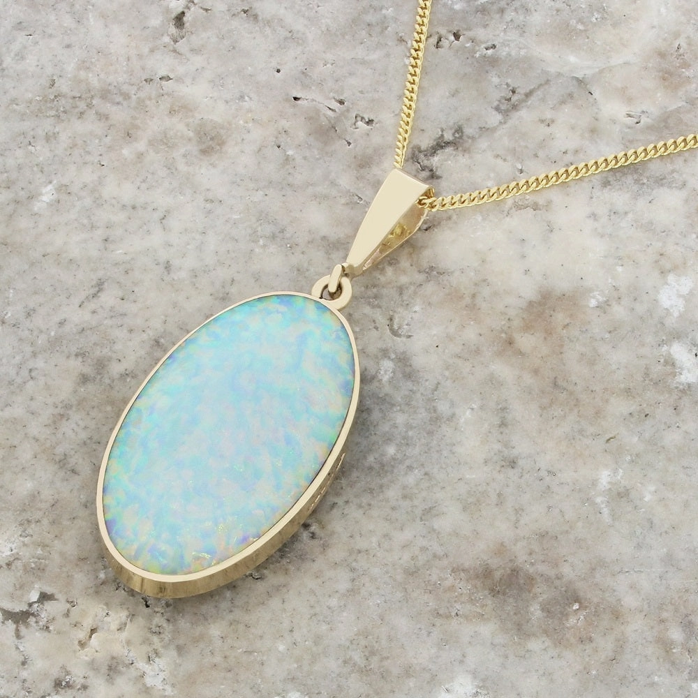 Derbyshire Blue John and Opalique 9ct Yellow Gold Oval Pendant Necklace