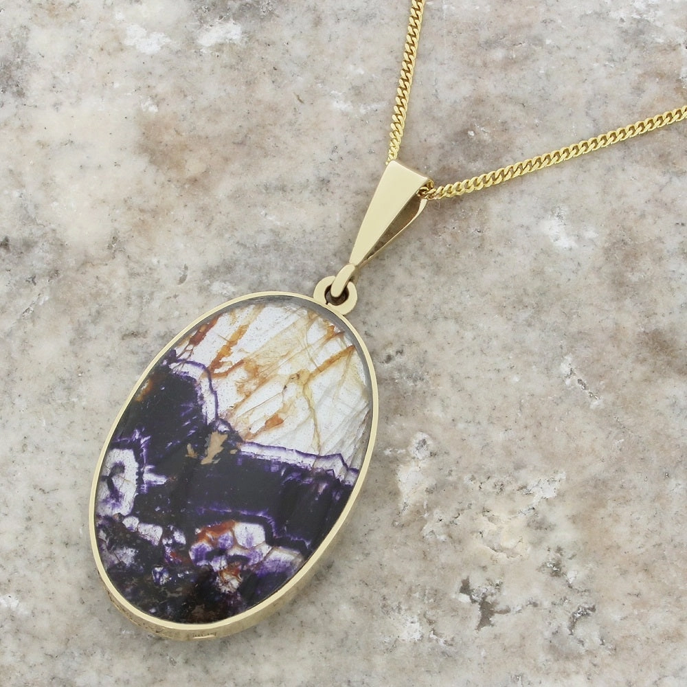 Derbyshire Blue John and Snakeskin Agate 9ct Yellow Gold Oval Pendant Necklace