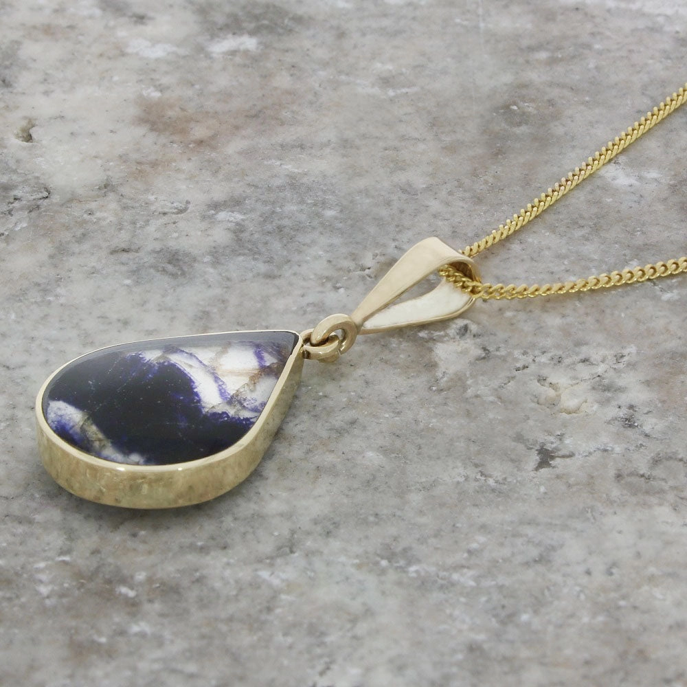 Derbyshire Blue John and Turritella Agate 9ct Yellow Gold Teardrop Pendant