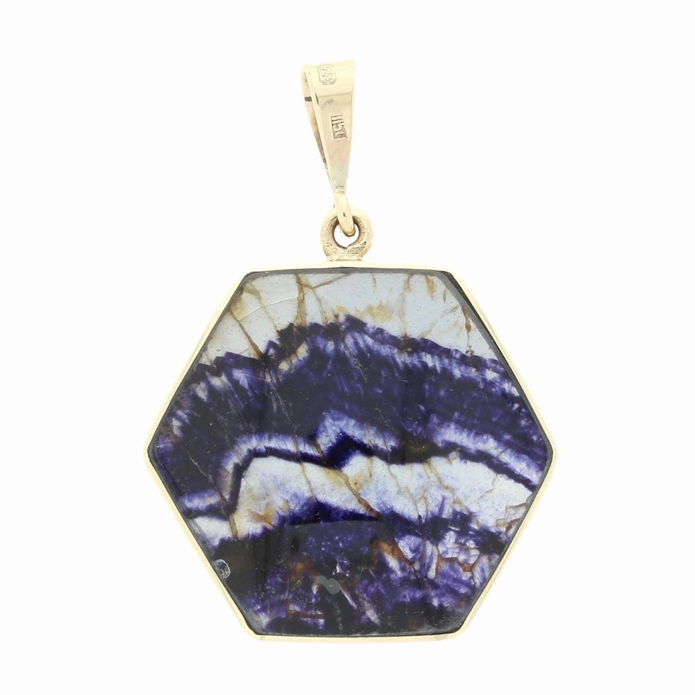 Derbyshire Blue John and Whitby Jet 9ct Yellow Gold Hexaganol Reversible Pendant