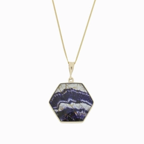 Derbyshire Blue John and Whitby Jet 9ct Yellow Gold Hexaganol Reversible Pendant