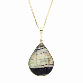 Derbyshire Blue John and Whitby Jet 9ct Yellow Gold Large Pear Pendant Necklace