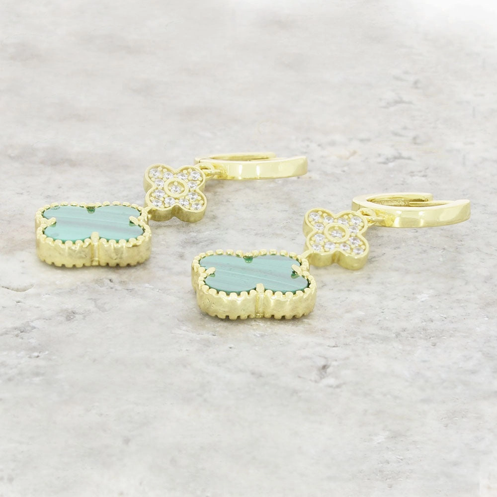 Four Leaf Clover Gold Plated Green Stone Huggie Earrings GVL067