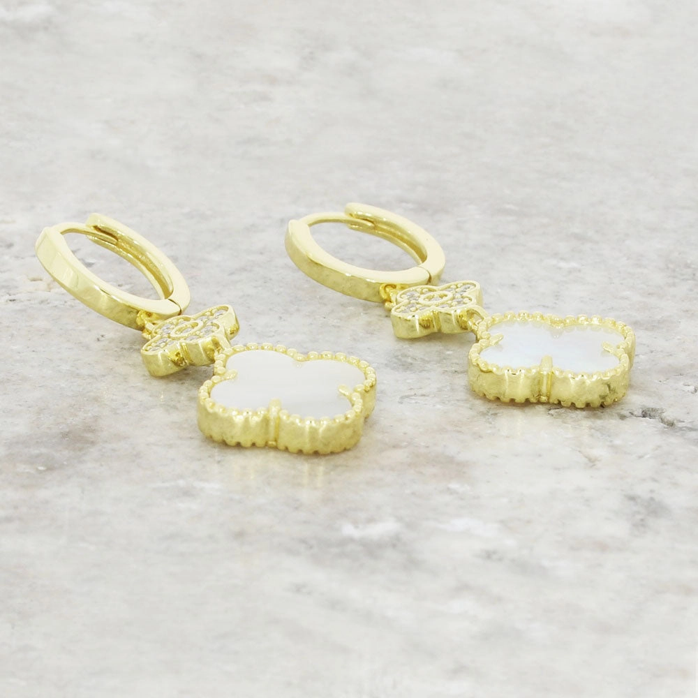 Four Leaf Clover Gold Plated Mother of Pearl Huggie Earrings GVL059
