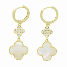 Four Leaf Clover Gold Plated Mother of Pearl Huggie Earrings GVL059