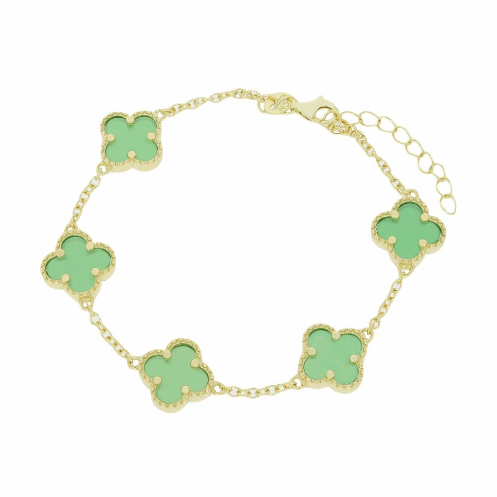 Four Leaf Clover Sterling Silver Gold Tone Green Stone Bracelet GVL045