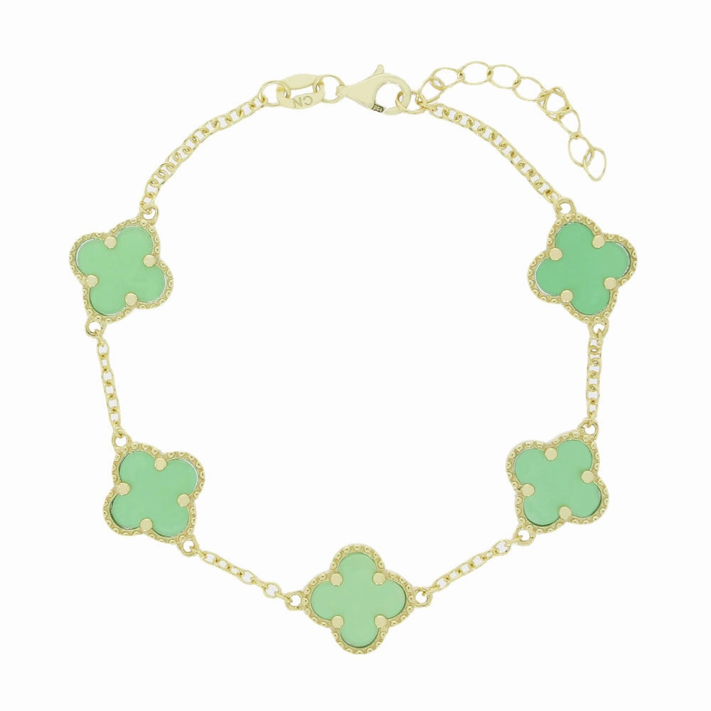 Four Leaf Clover Sterling Silver Gold Tone Green Stone Bracelet GVL045