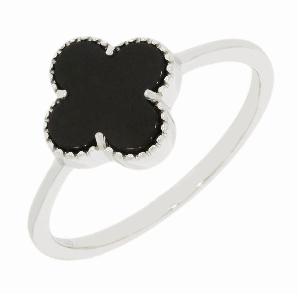 Four Leaf Clover Sterling Silver Ring Black Stone GVL041