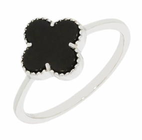 Four Leaf Clover Sterling Silver Ring Black Stone GVL041