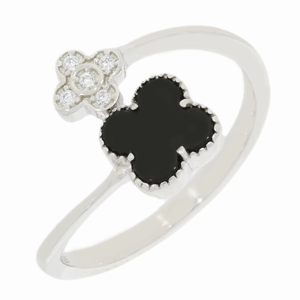 Four Leaf Clover Sterling Silver Ring Black Stone GVL064