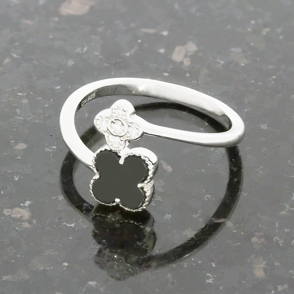 Four Leaf Clover Sterling Silver Ring Black Stone GVL064