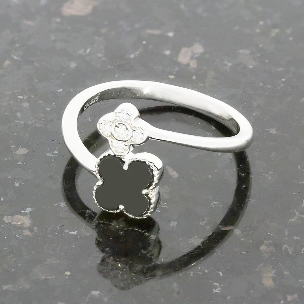 Four Leaf Clover Sterling Silver Ring Black Stone GVL064