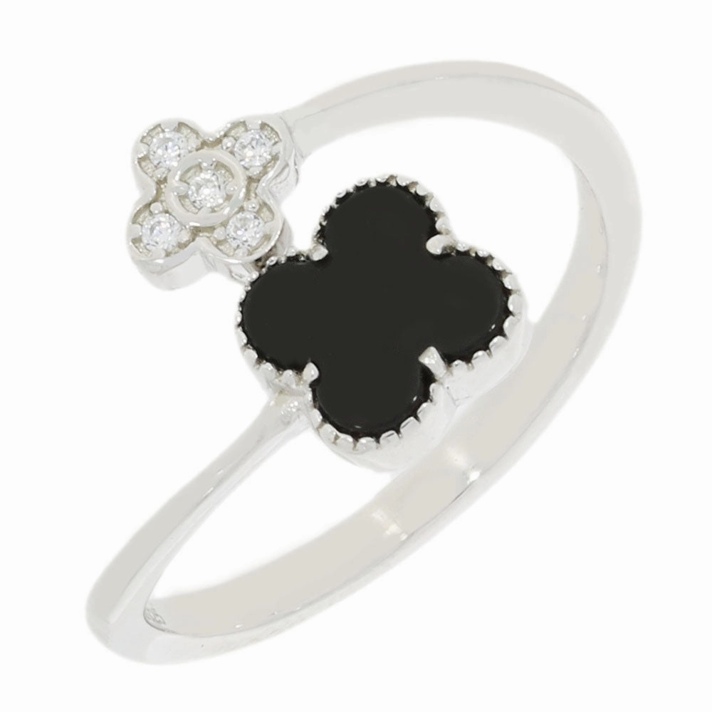 Four Leaf Clover Sterling Silver Ring Black Stone GVL064